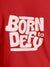 Close up of 'Born To Defy' design on Women's Red Round Neck T-shirt, highlighting intricate details and vibrant print.