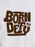 Close up of 'Born To Defy' design on Men's White Round Neck T-shirt, highlighting intricate details and vibrant print.