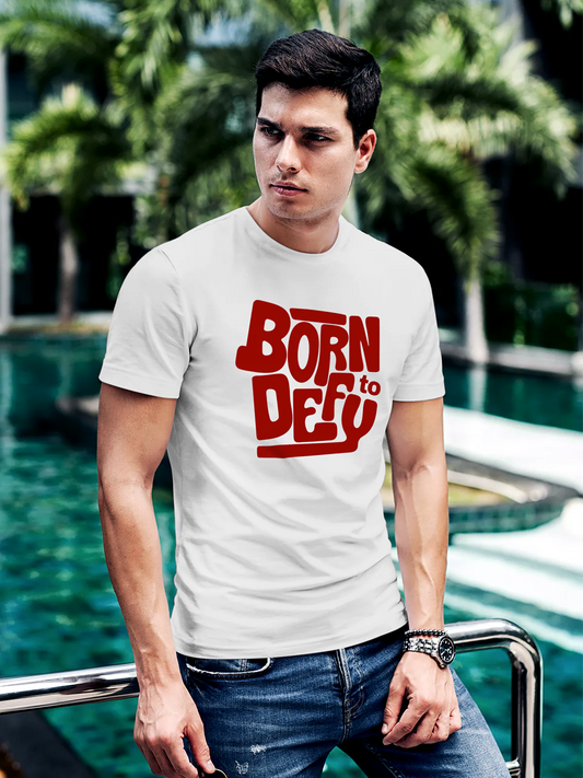 Fighterhero T-shirts: Model wearing Men's White Round Neck T-shirt with 'Born To Defy' design