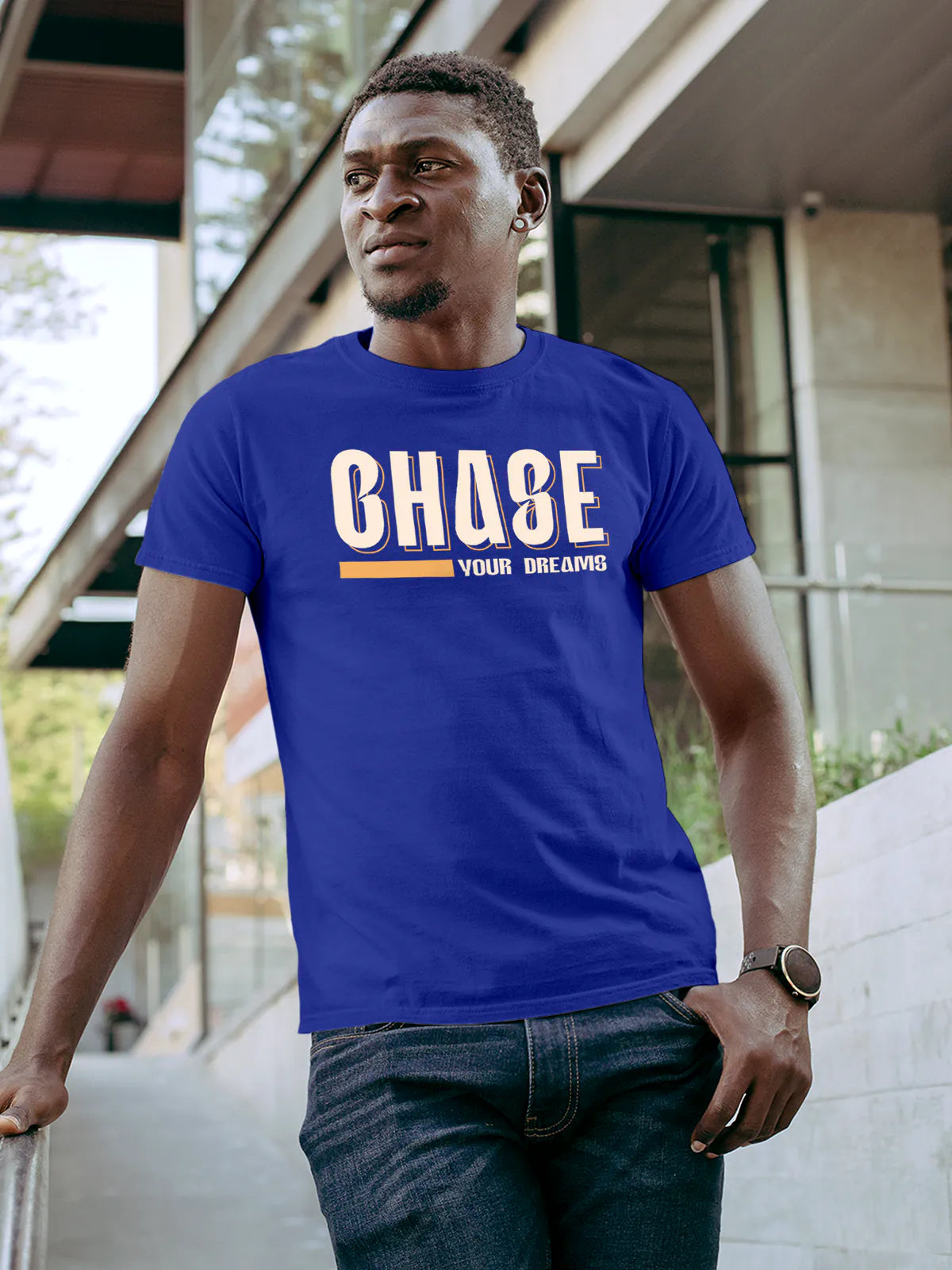 Front view of Fighterhero Men's Blue Round Neck T-shirt, highlighting the motivational design printed on the chest.