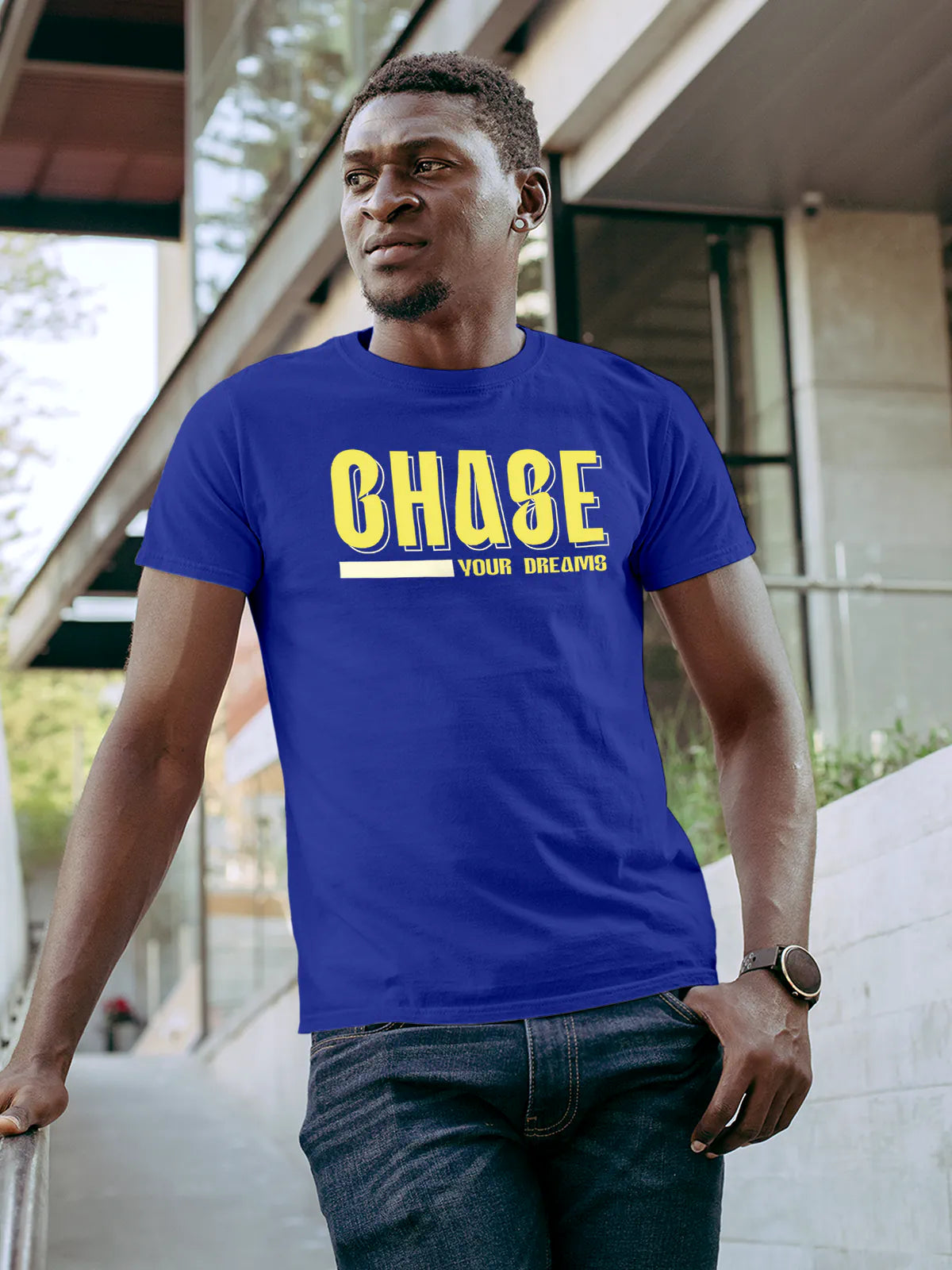 Front view of Fighterhero Men's Blue Round Neck T-shirt, highlighting the motivational design printed on the chest.