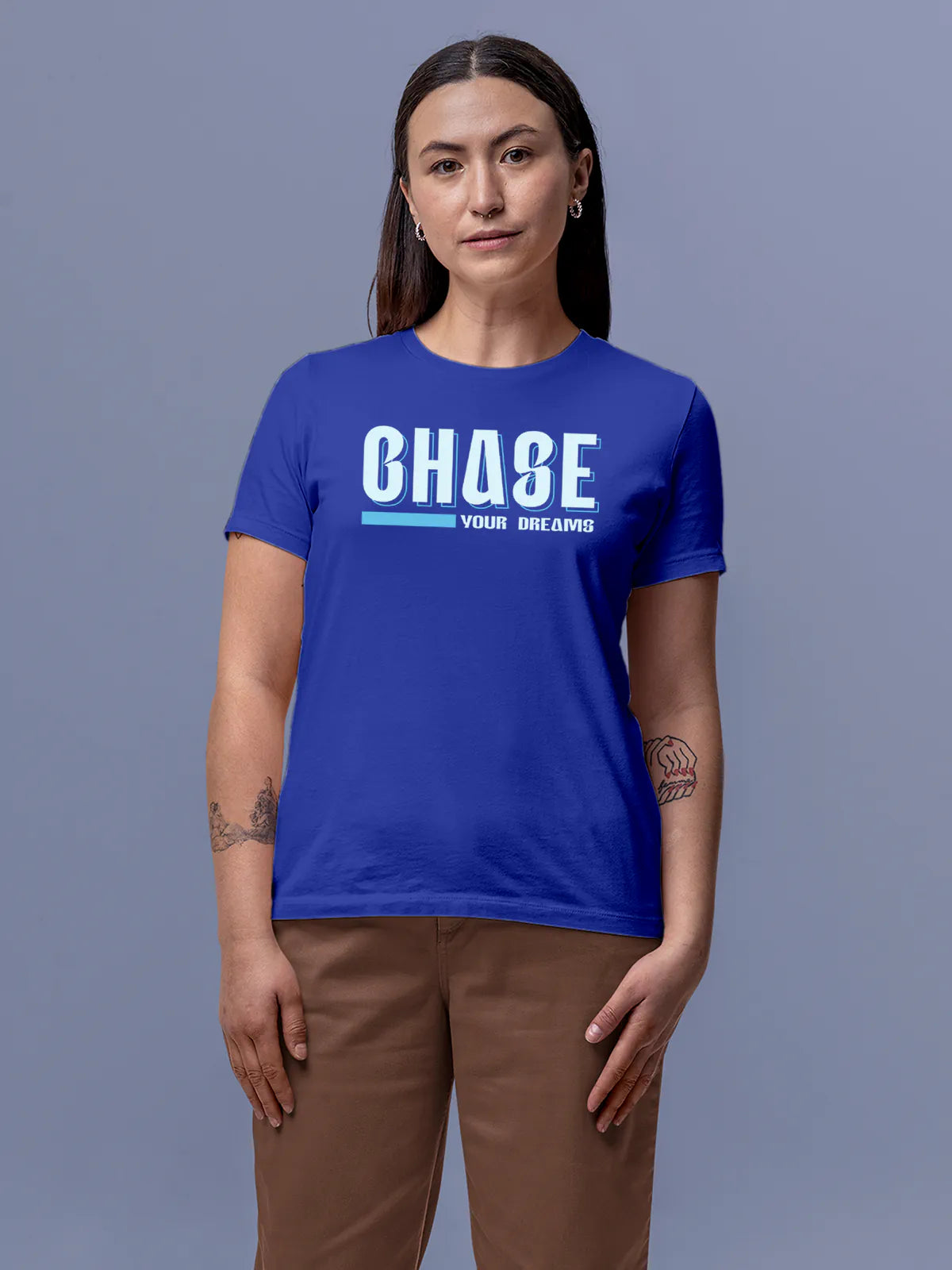Front view of Fighterhero Women's Blue Round Neck T-shirt, highlighting the motivational design printed on the chest.