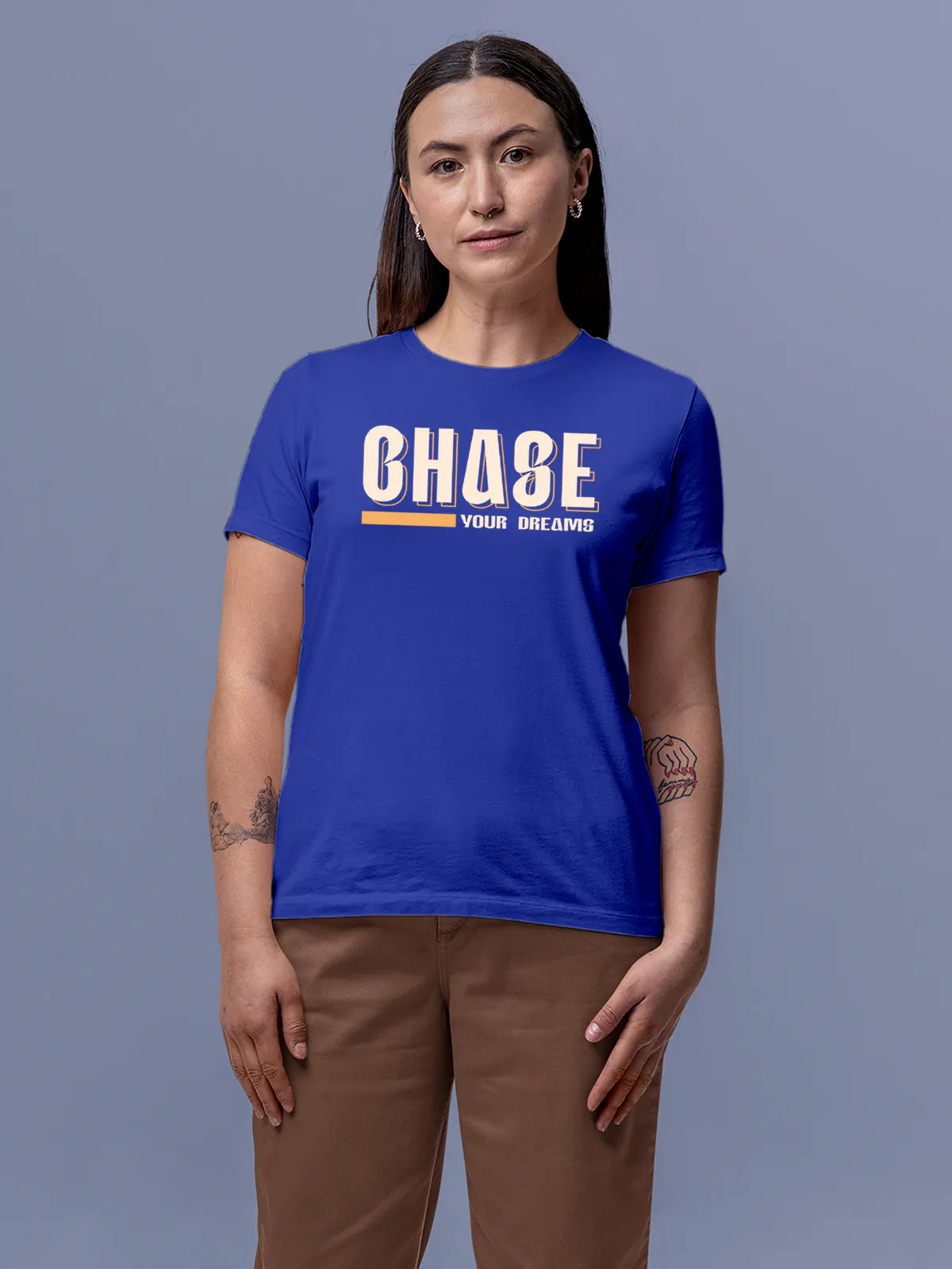 Front view of Fighterhero Women's Blue Round Neck T-shirt, highlighting the motivational design printed on the chest.