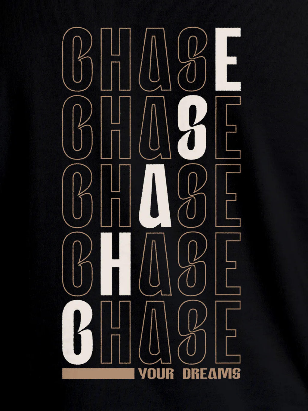 Close up of 'Chase Your Dreams' design on Men's Black Round Neck T-shirt, highlighting intricate details and vibrant print.