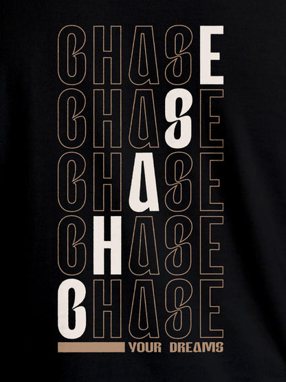 Close up of 'Chase Your Dreams' design on Men's Black Round Neck T-shirt, highlighting intricate details and vibrant print.