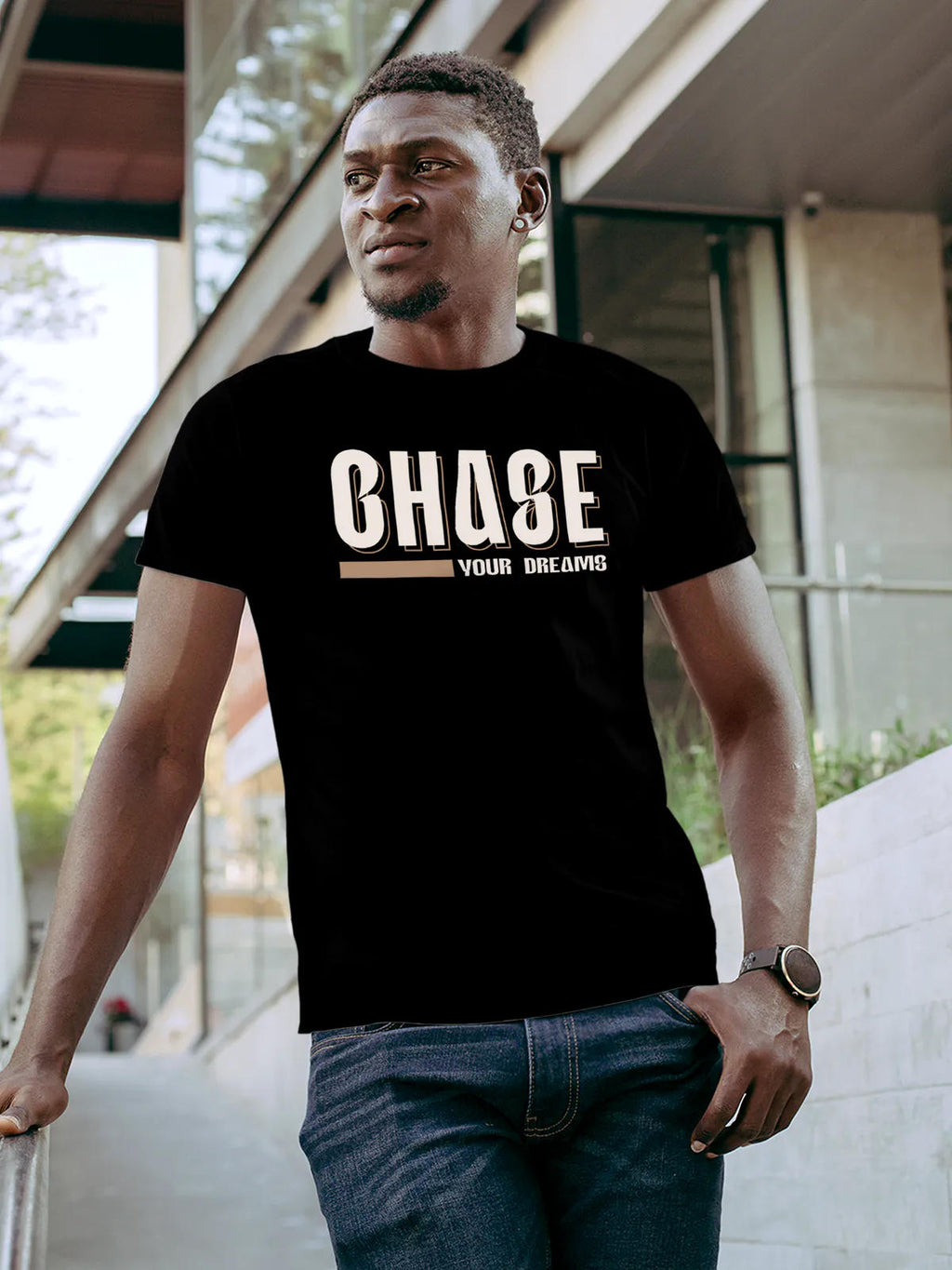 Front view of Fighterhero Men's Black Round Neck T-shirt, highlighting the 'broken chains' design on the chest.