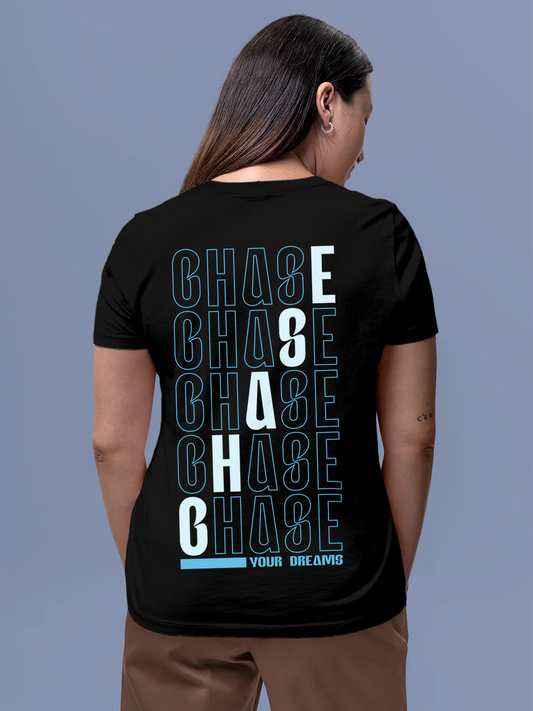 Fighterhero T-shirts: Model wearing Women's Black Round Neck T-shirt with 'Chase Your Dreams' design