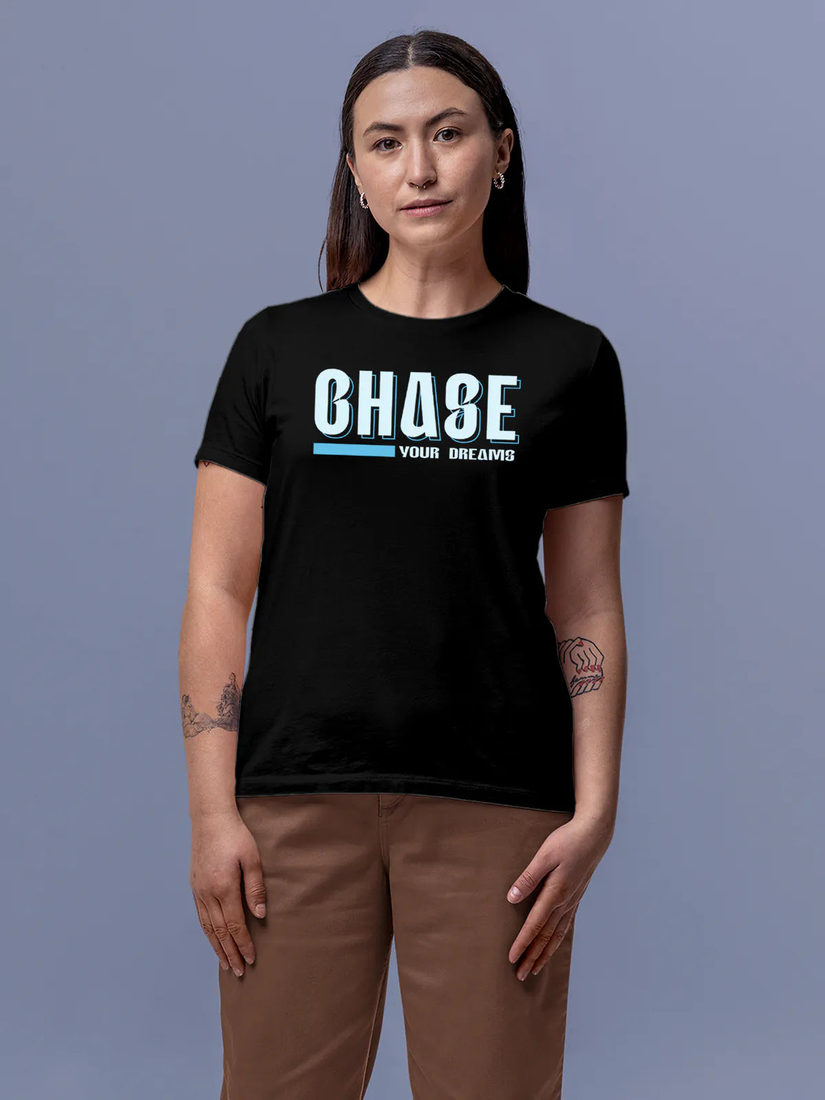Front view of Fighterhero Women's Black Round Neck T-shirt, highlighting the motivational design printed on the chest.