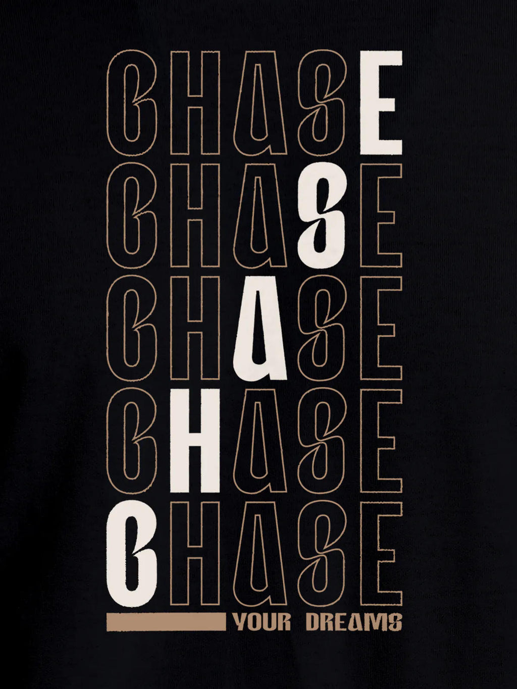 Close up of 'Chase Your Dreams' design on Women's Black Round Neck T-shirt, highlighting intricate details and vibrant print.