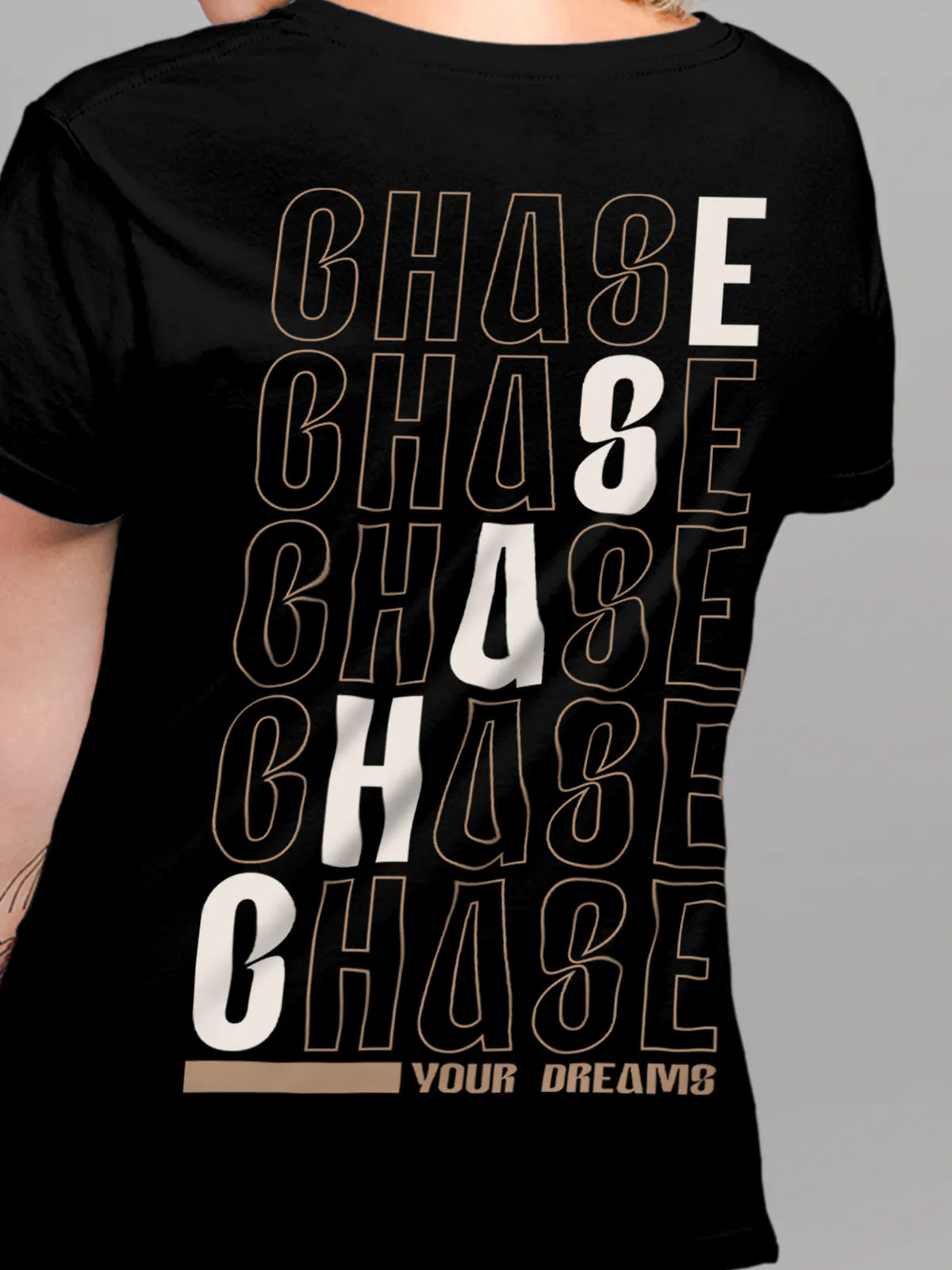 Close up of 'Chase Your Dreams' design on Women's Black Round Neck T-shirt, highlighting intricate details and vibrant print.