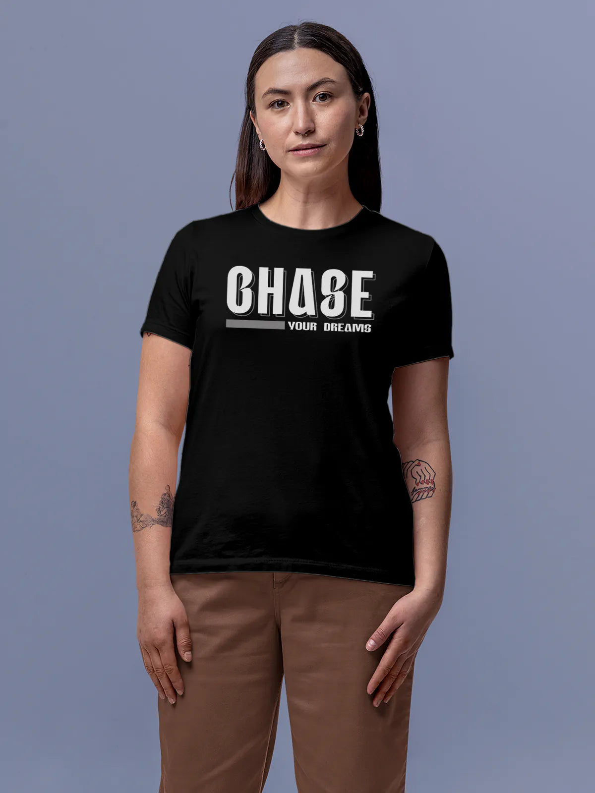 Front view of Fighterhero Women's Black Round Neck T-shirt, highlighting the motivational design printed on the chest.