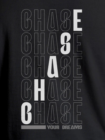 Close up of 'Chase Your Dreams' design on Men's Dark Grey Round Neck T-shirt, highlighting intricate details and vibrant print.