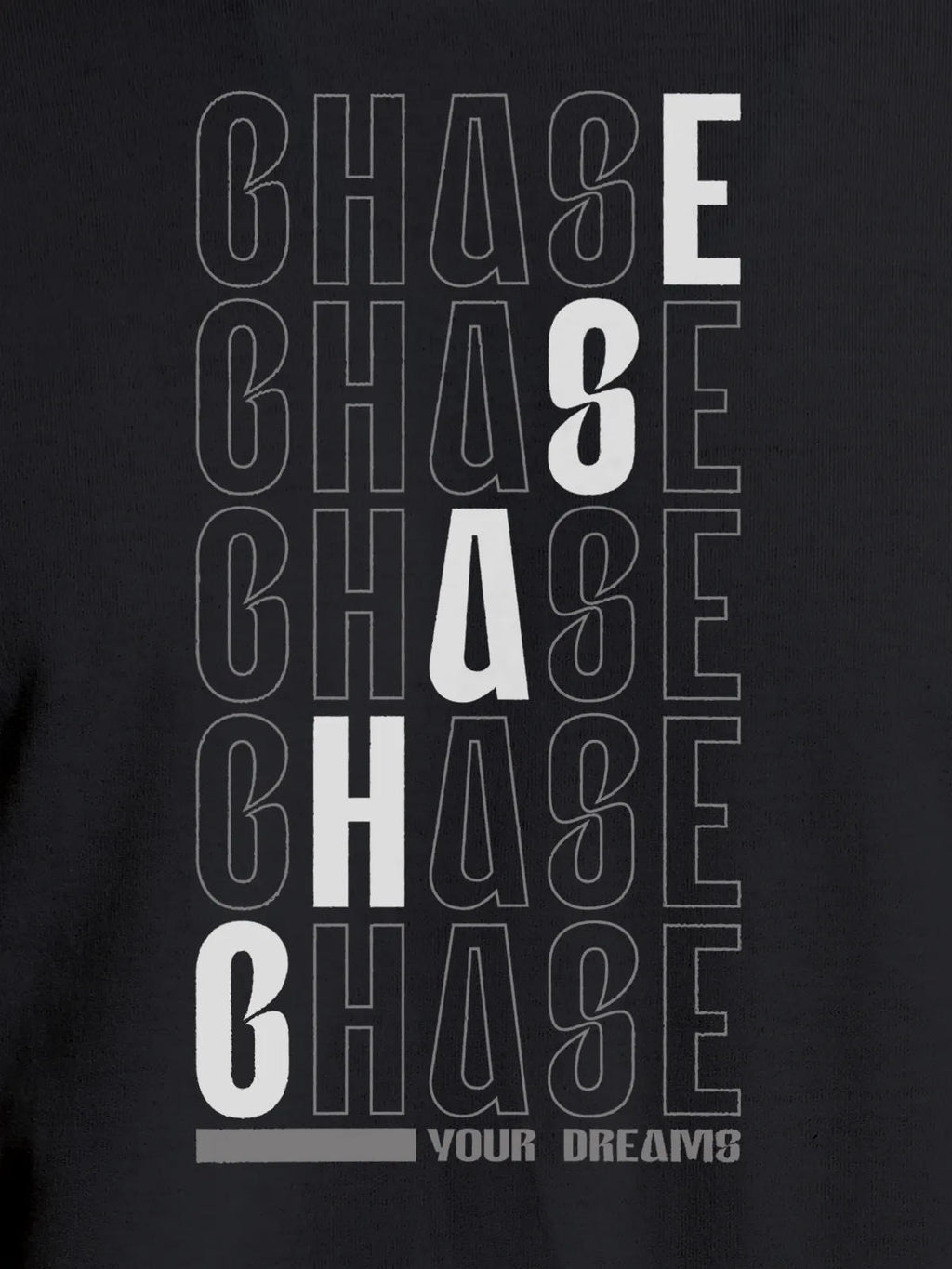 Close up of 'Chase Your Dreams' design on Women's Dark Grey Round Neck T-shirt, highlighting intricate details and vibrant print.