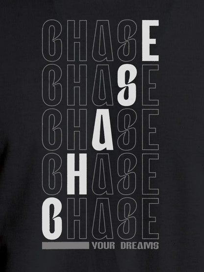Close up of 'Chase Your Dreams' design on Women's Dark Grey Round Neck T-shirt, highlighting intricate details and vibrant print.