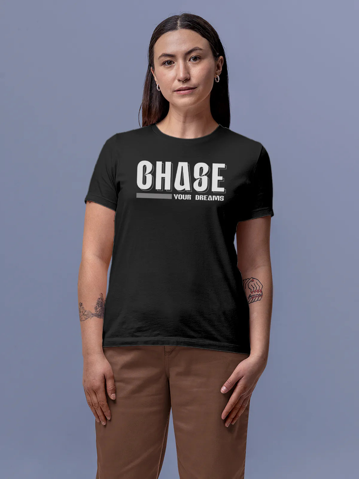 Front view of Fighterhero Women's Dark Grey Round Neck T-shirt, highlighting the motivational design printed on the chest.