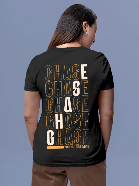 Fighterhero T-shirts: Model wearing Women's Dark Grey Round Neck T-shirt with 'Chase Your Dreams' design