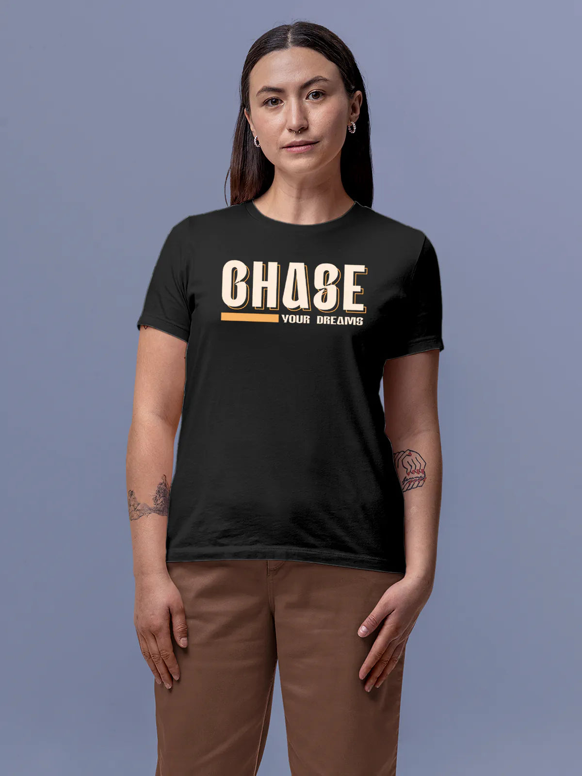 Front view of Fighterhero Women's Dark Grey Round Neck T-shirt, highlighting the motivational design printed on the chest.