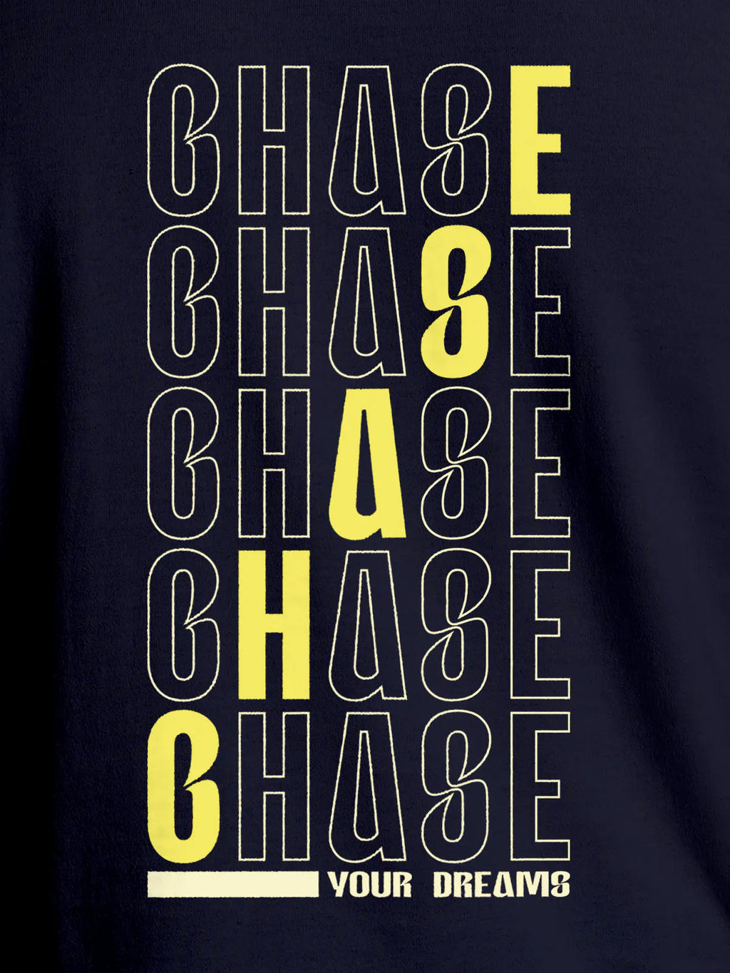 Close up of 'Chase Your Dreams' design on Men's Navy Blue Round Neck T-shirt, highlighting intricate details and vibrant print.