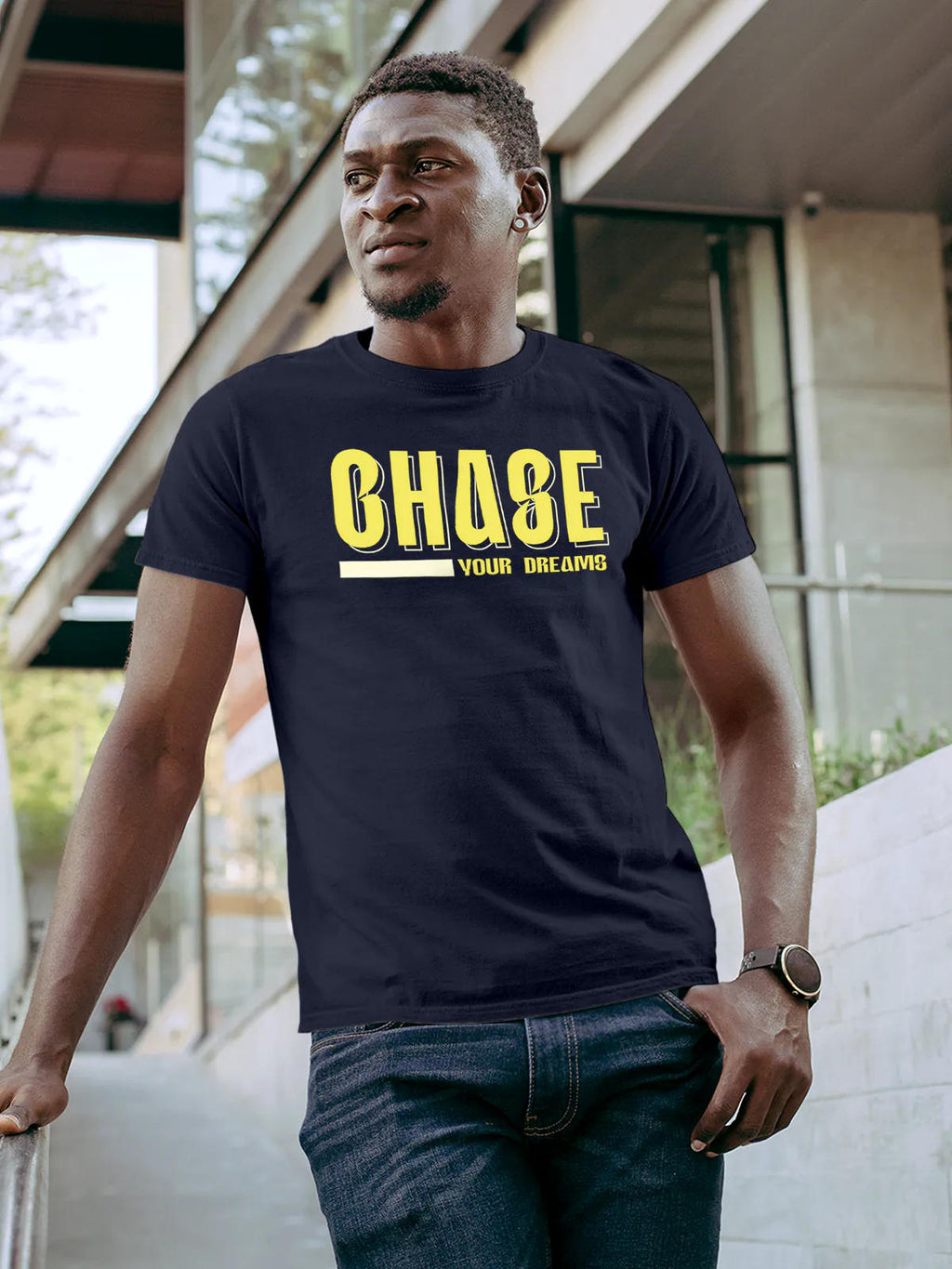 Front view of Fighterhero Men's Navy Blue Round Neck T-shirt, highlighting the 'broken chains' design on the chest.