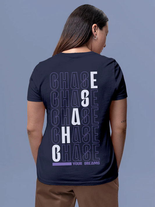 Fighterhero T-shirts: Model wearing Women's Navy Blue Round Neck T-shirt with 'Chase Your Dreams' design