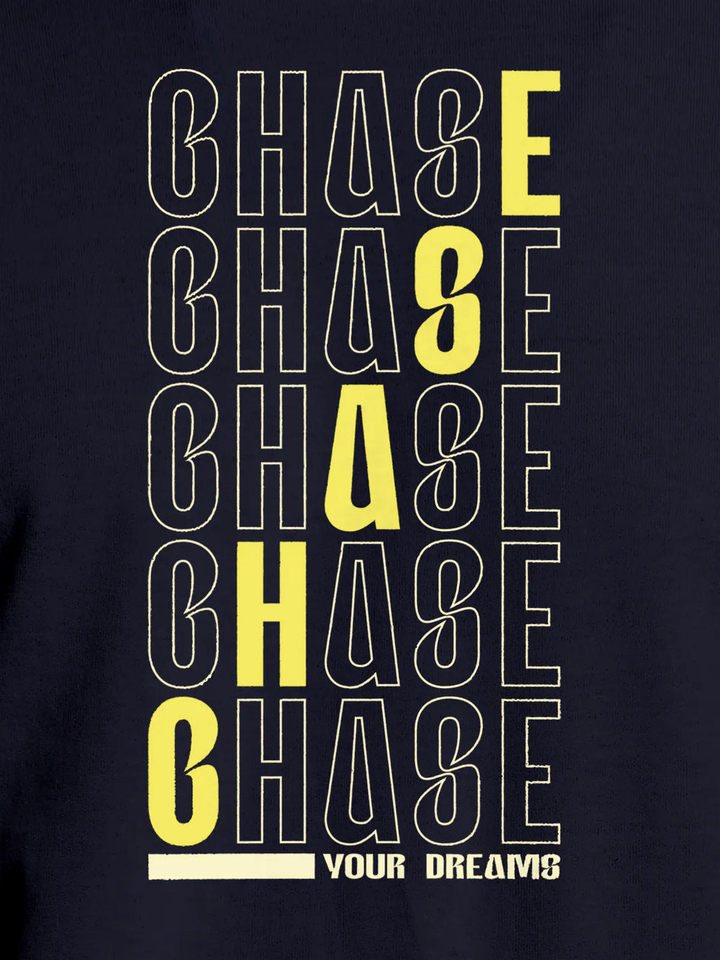 Close up of 'Chase Your Dreams' design on Women's Navy Blue Round Neck T-shirt, highlighting intricate details and vibrant print.