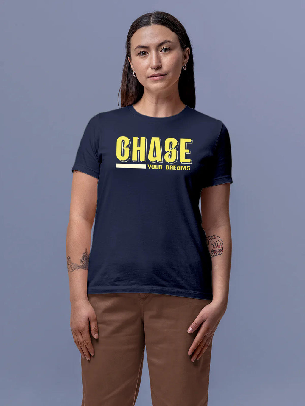 Front view of Fighterhero Women's Navy Blue Round Neck T-shirt, highlighting the 'broken chains' design on the chest.