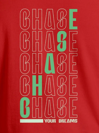 Close up of 'Chase Your Dreams' design on Men's Red Round Neck T-shirt, highlighting intricate details and vibrant print.