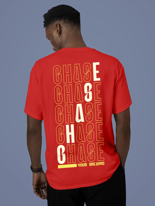 Fighterhero T-shirts: Model wearing Men's Red Round Neck T-shirt with 'Chase Your Dreams' design