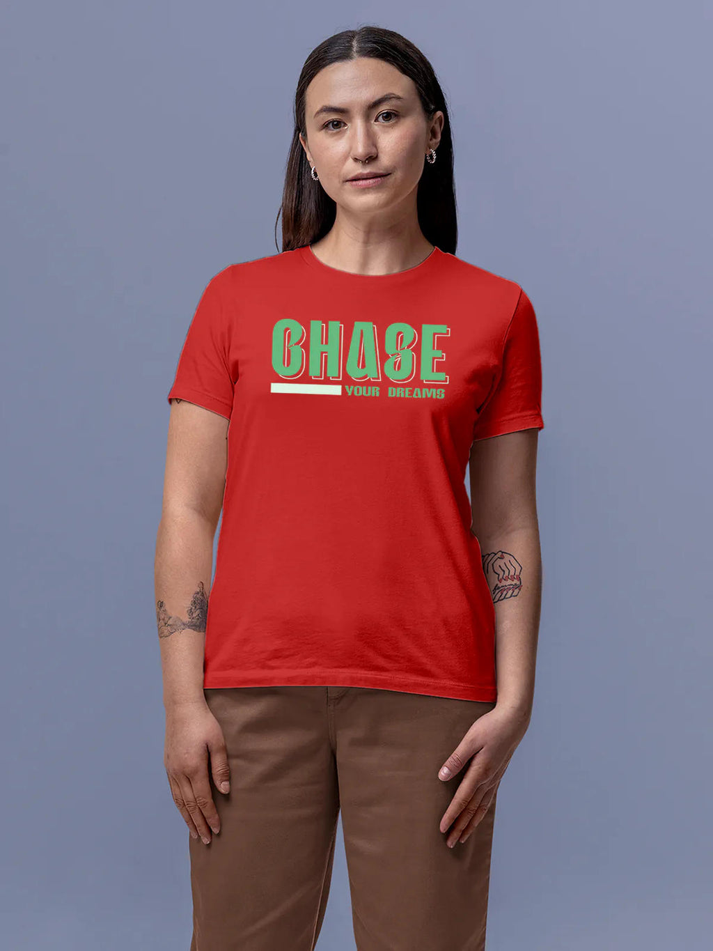 Front view of Fighterhero Women's Red Round Neck T-shirt, highlighting the 'broken chains' design on the chest.