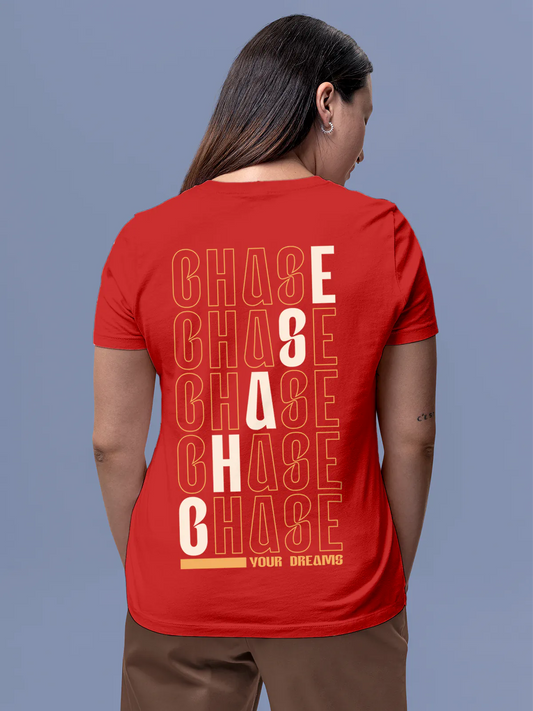 Fighterhero T-shirts: Model wearing Women's Red Round Neck T-shirt with 'Chase Your Dreams' design