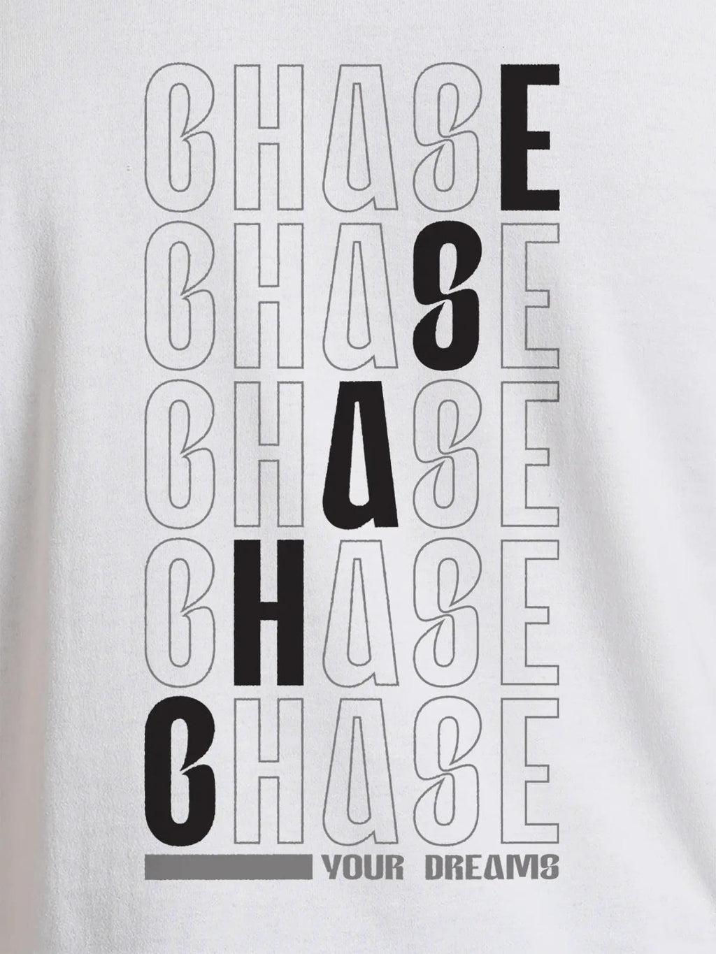 Close up of 'Chase Your Dreams' design on Men's White Round Neck T-shirt, highlighting intricate details and vibrant print.