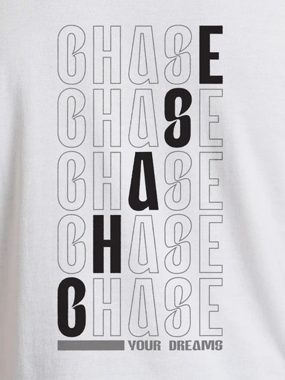 Close up of 'Chase Your Dreams' design on Men's White Round Neck T-shirt, highlighting intricate details and vibrant print.