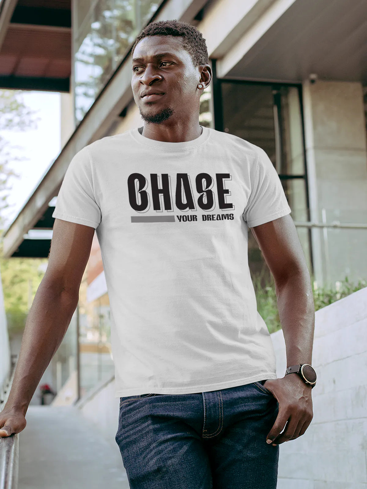 Front view of Fighterhero Men's White Round Neck T-shirt, highlighting the motivational design printed on the chest.