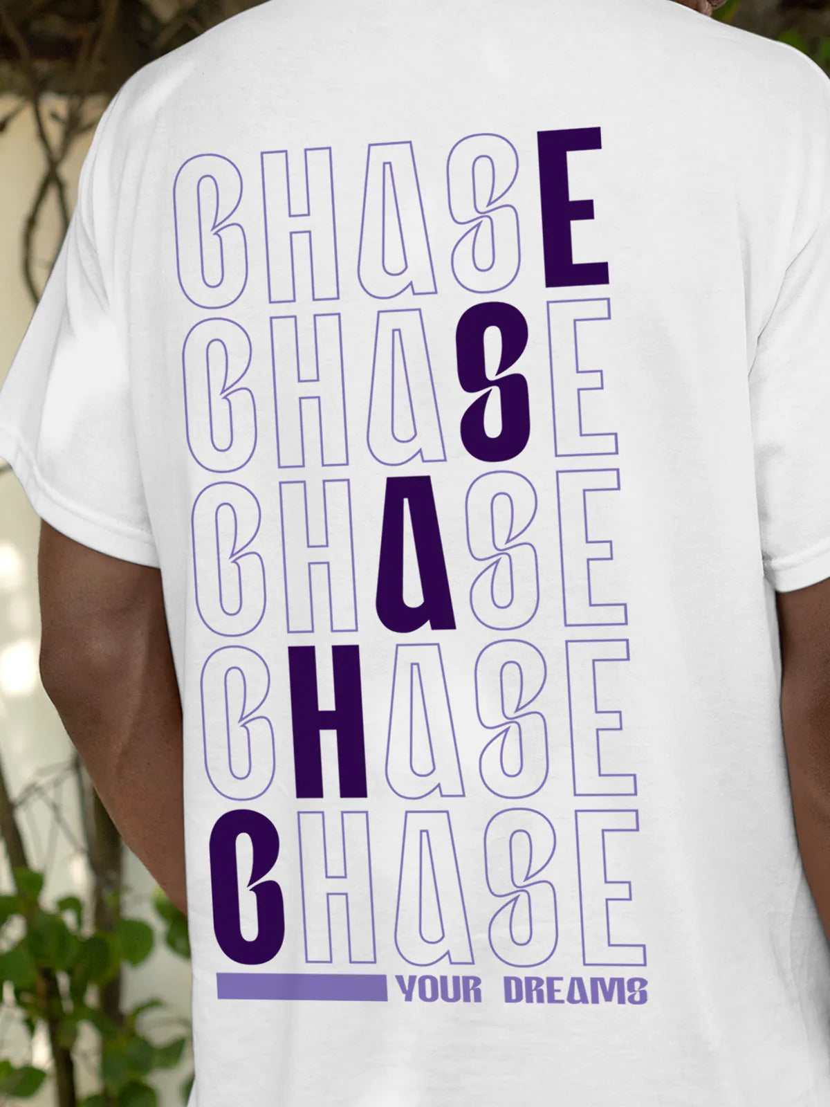 Close up of 'Chase Your Dreams' design on Men's White Round Neck T-shirt, highlighting intricate details and vibrant print.