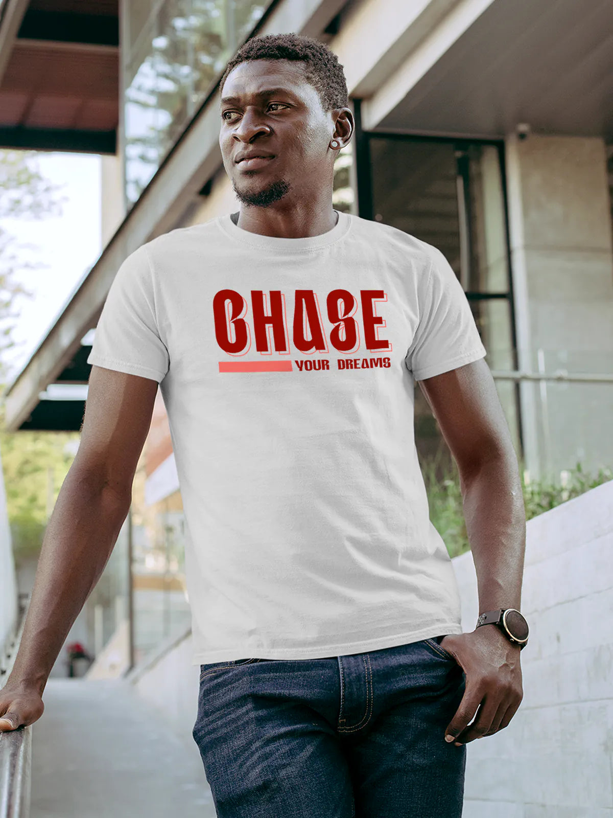 Front view of Fighterhero Men's White Round Neck T-shirt, highlighting the motivational design printed on the chest.