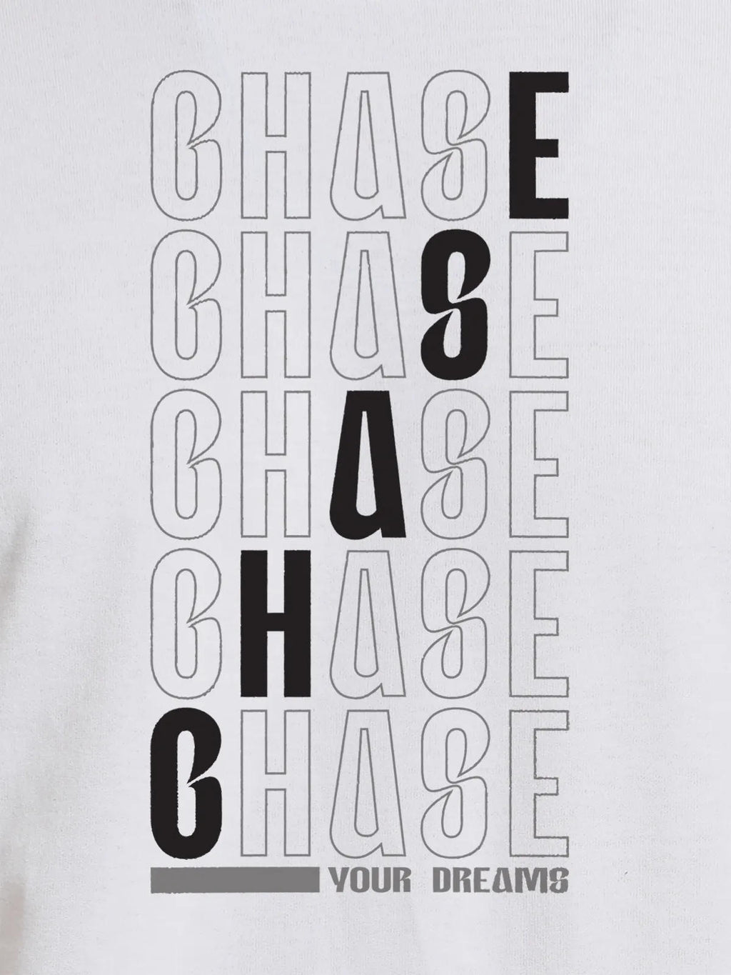 Close up of 'Chase Your Dreams' design on Women's White Round Neck T-shirt, highlighting intricate details and vibrant print.
