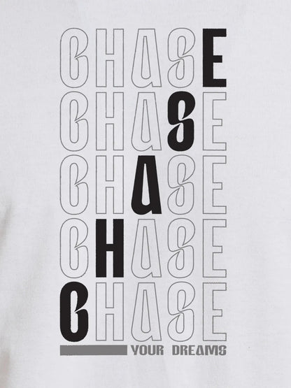 Close up of 'Chase Your Dreams' design on Women's White Round Neck T-shirt, highlighting intricate details and vibrant print.