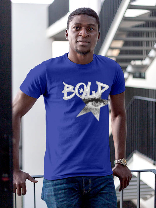 Fighterhero T-shirts: Model wearing Men's Blue Round Neck T-shirt with 'Bold' design