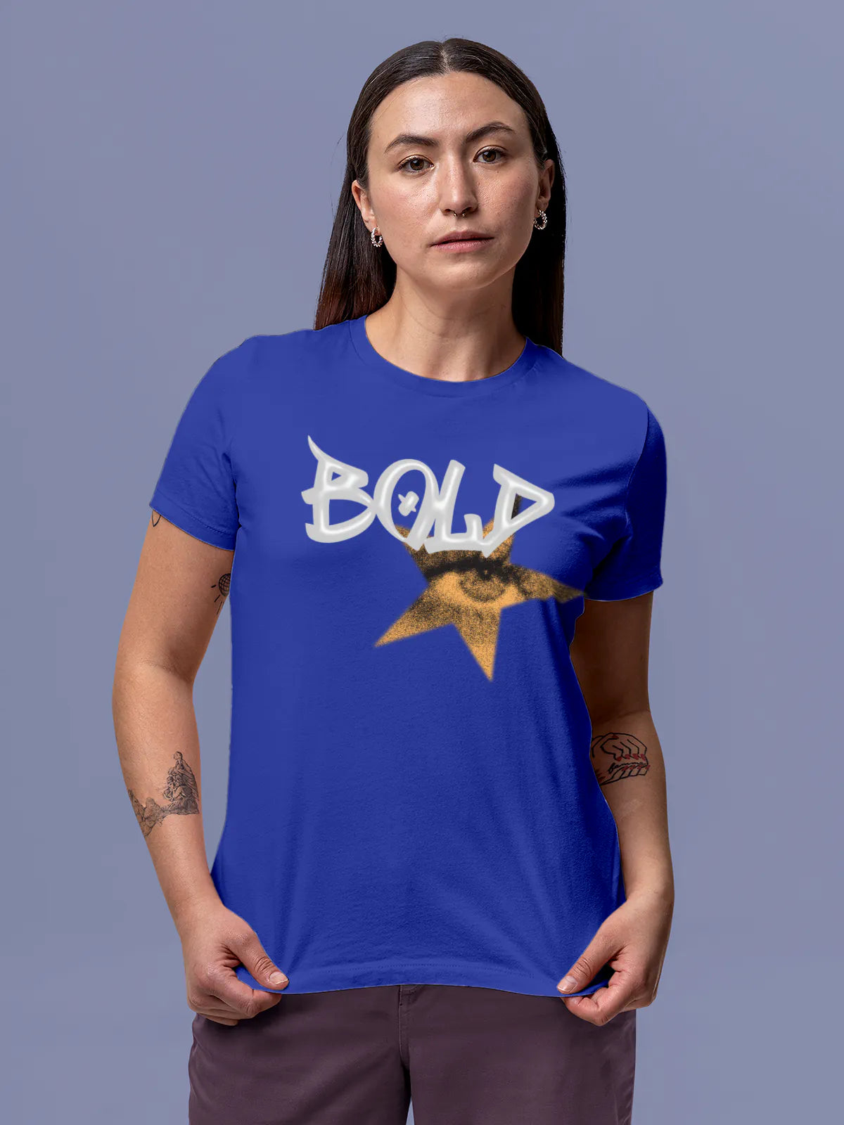 Model wearing Women's Blue Round Neck T-shirt with 'Bold' design, offering effortless style and premium comfort