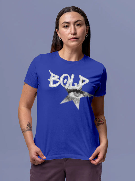 Fighterhero T-shirts: Model wearing Women's Blue Round Neck T-shirt with 'Bold' design