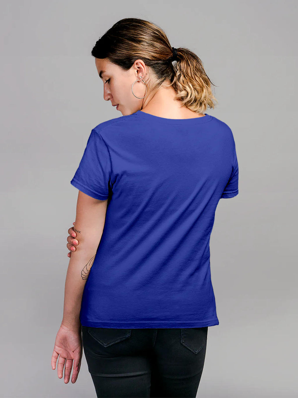 Back view of Fighterhero Women's Blue Round Neck T-shirt, highlighting the modern look and clean finish