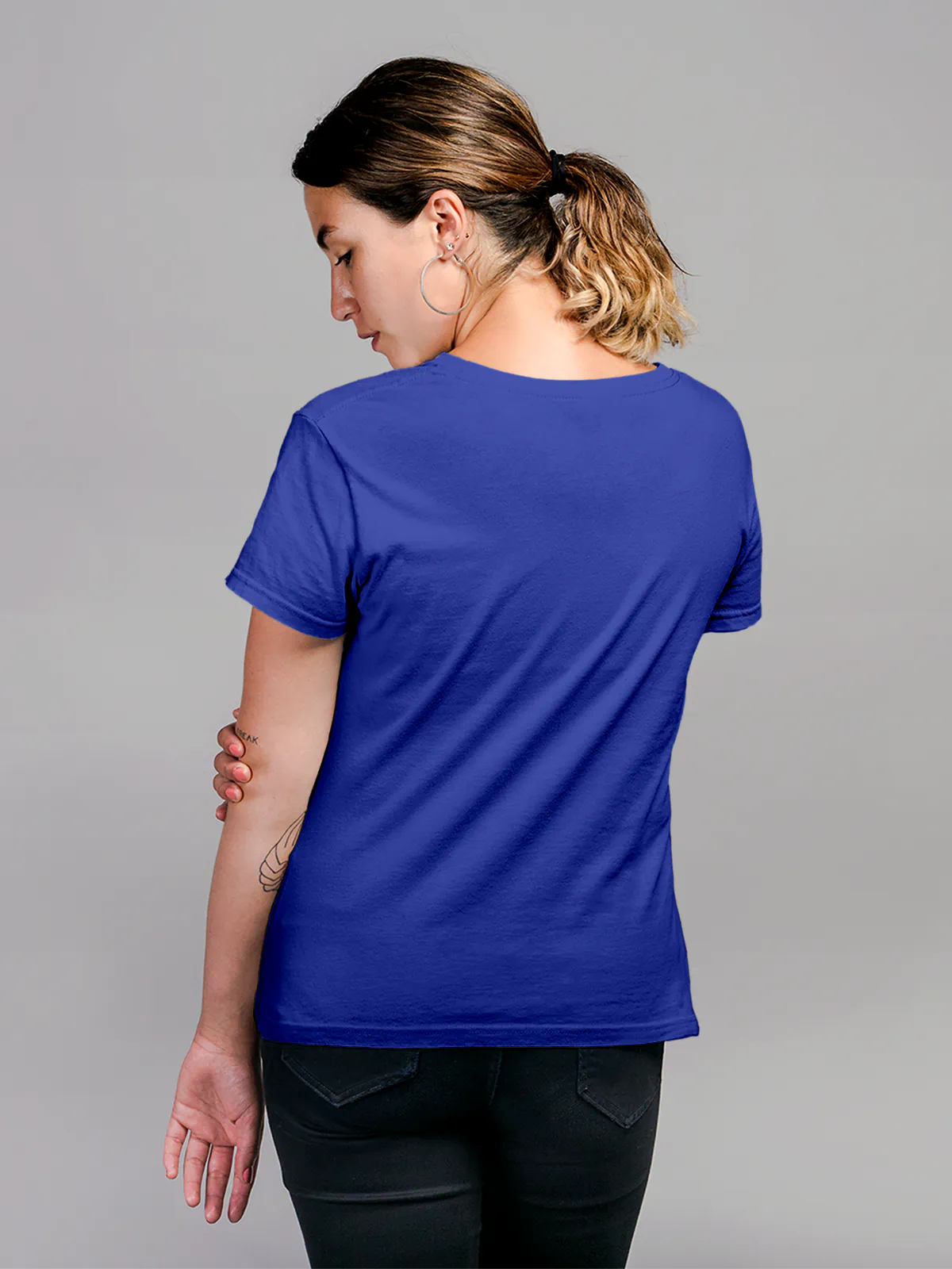 Back view of Fighterhero Women's Blue Round Neck T-shirt, highlighting the modern look and clean finish