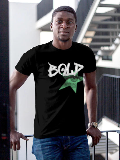 Model wearing Men's Black Round Neck T-shirt with 'Bold' design, offering effortless style and premium comfort