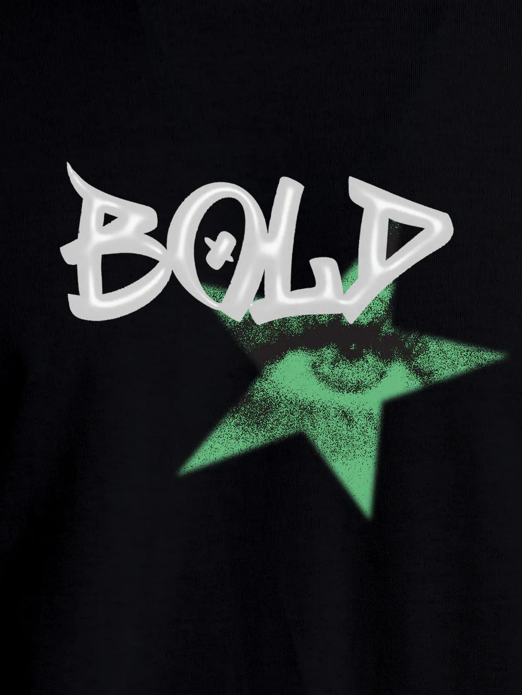 Close up of 'Bold' design on Men's Black Round Neck T-shirt, highlighting intricate details and vibrant print.