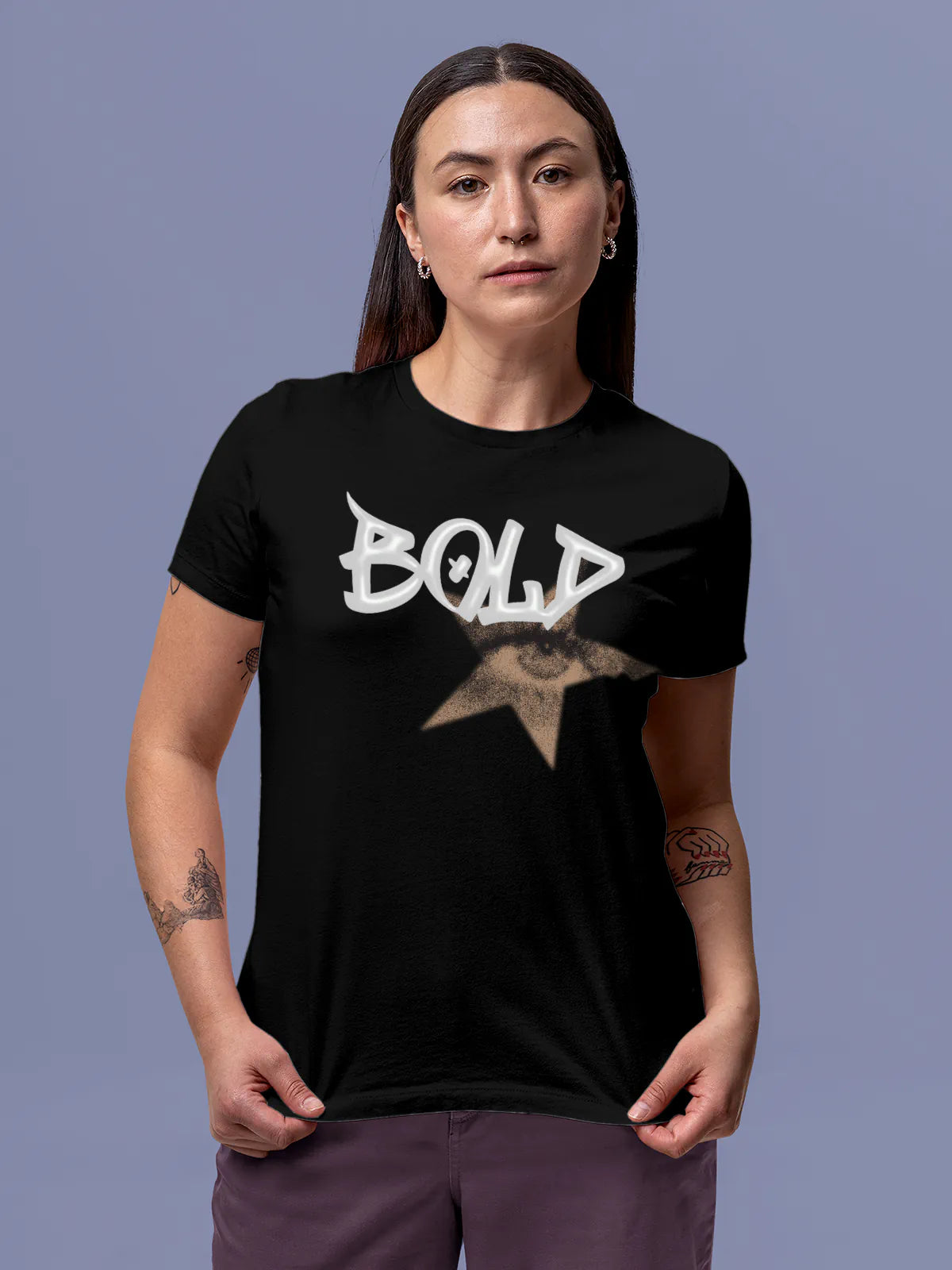 Model wearing Women's Black Round Neck T-shirt with 'Bold' design, offering effortless style and premium comfort