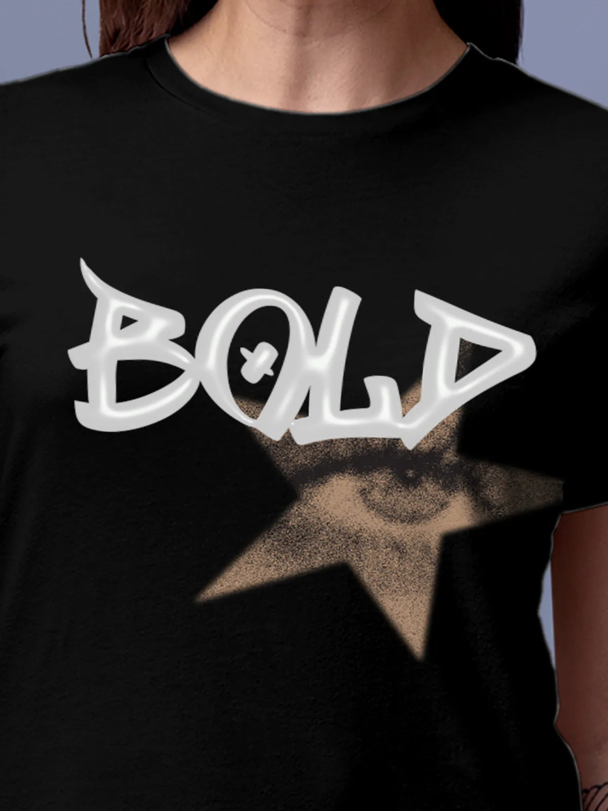 Close up of 'Bold' design on Women's Black Round Neck T-shirt, highlighting intricate details and vibrant print.