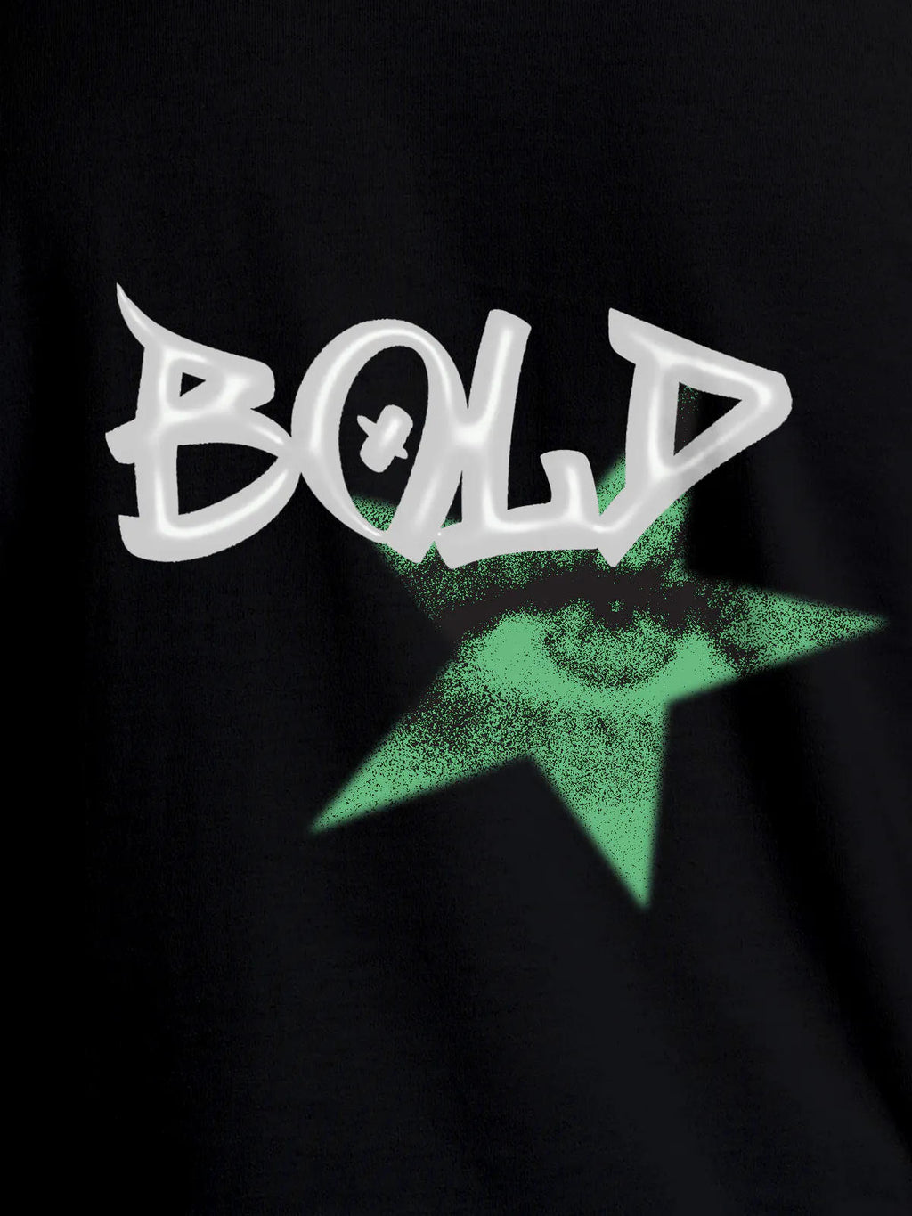 Close up of 'Bold' design on Women's Black Round Neck T-shirt, highlighting intricate details and vibrant print.