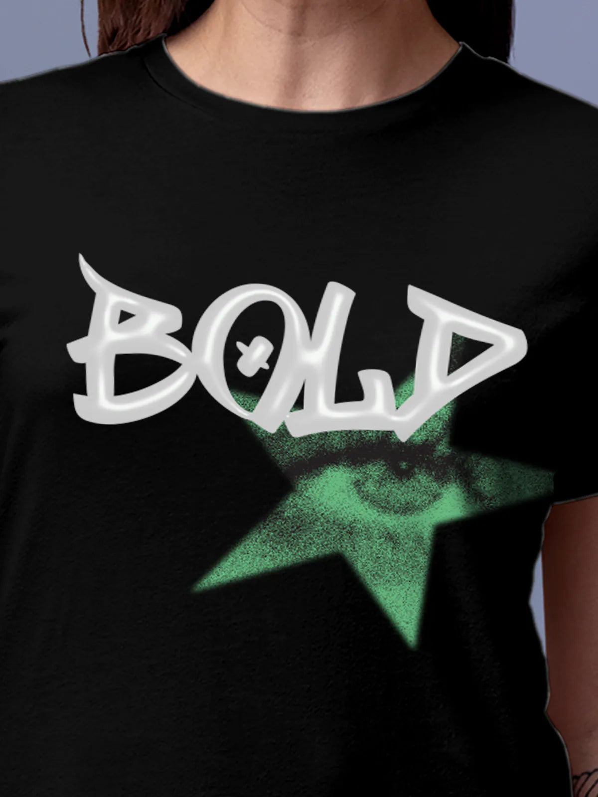 Close up of 'Bold' design on Women's Black Round Neck T-shirt, highlighting intricate details and vibrant print.