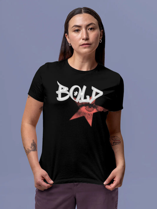 Fighterhero T-shirts: Model wearing Women's Black Round Neck T-shirt with 'Bold' design
