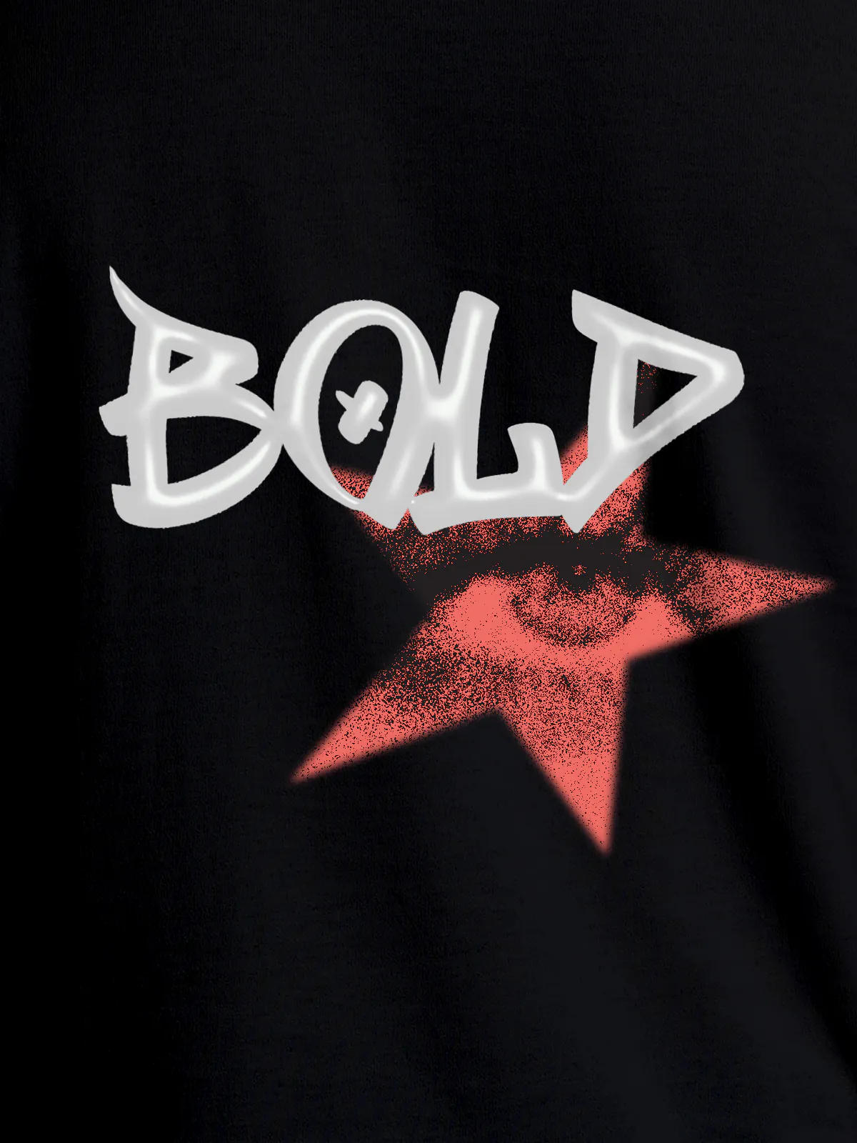 Close up of 'Bold' design on Women's Black Round Neck T-shirt, highlighting intricate details and vibrant print.